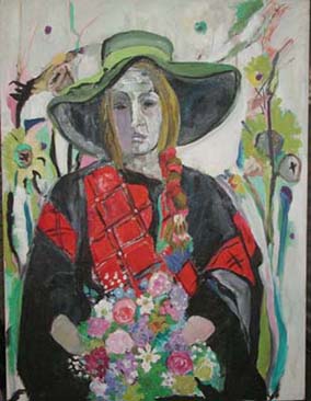Woman with Green Hatband and Bouquet