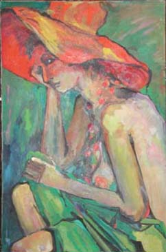 Lady with Red Hat and Green Shirt