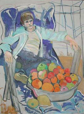 Boy in Blue Chair with Fruit